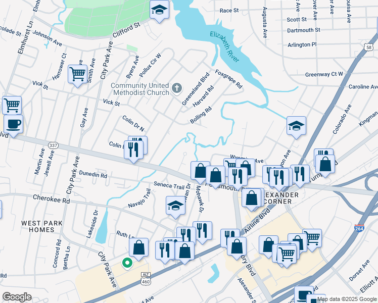 map of restaurants, bars, coffee shops, grocery stores, and more near 19 Bradley Avenue in Portsmouth