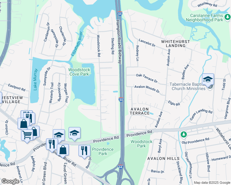 map of restaurants, bars, coffee shops, grocery stores, and more near 722 Woodstock Road in Virginia Beach
