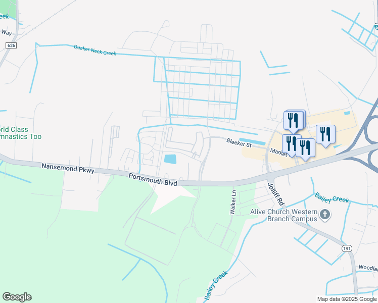 map of restaurants, bars, coffee shops, grocery stores, and more near 5003 Honeysuckle Lane in Chesapeake