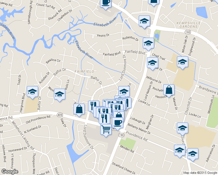 map of restaurants, bars, coffee shops, grocery stores, and more near 670 Lord Dunmore Drive in Virginia Beach