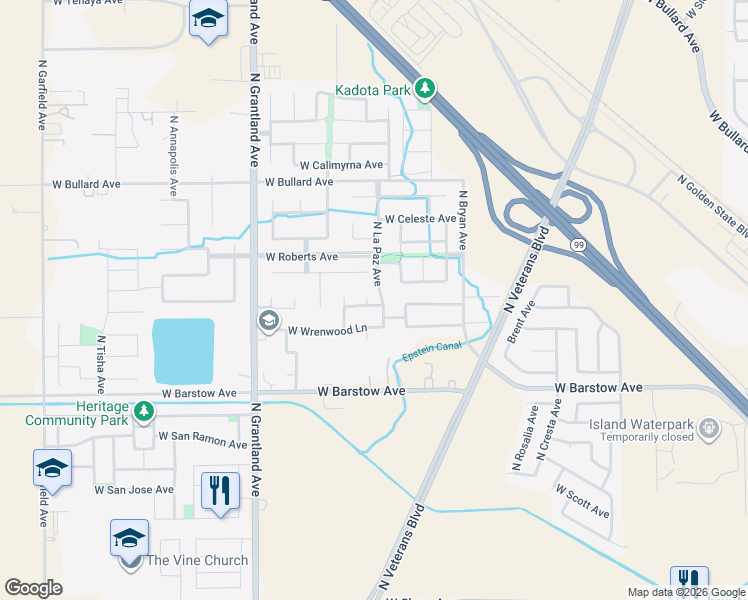 map of restaurants, bars, coffee shops, grocery stores, and more near 6706 West Dovewood Lane in Fresno