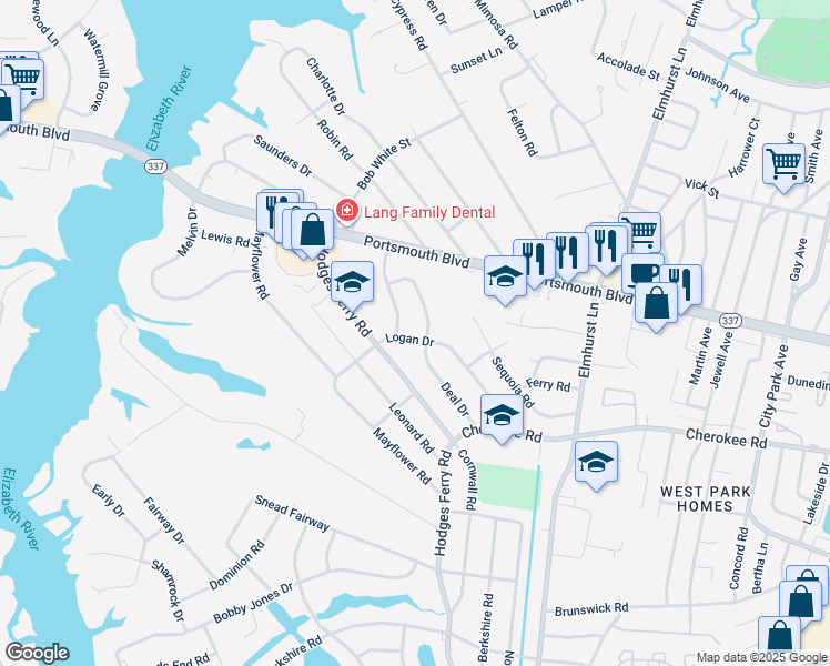 map of restaurants, bars, coffee shops, grocery stores, and more near 106 Logan Drive in Portsmouth