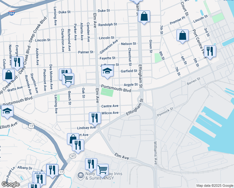 map of restaurants, bars, coffee shops, grocery stores, and more near 2728 Peach Street in Portsmouth