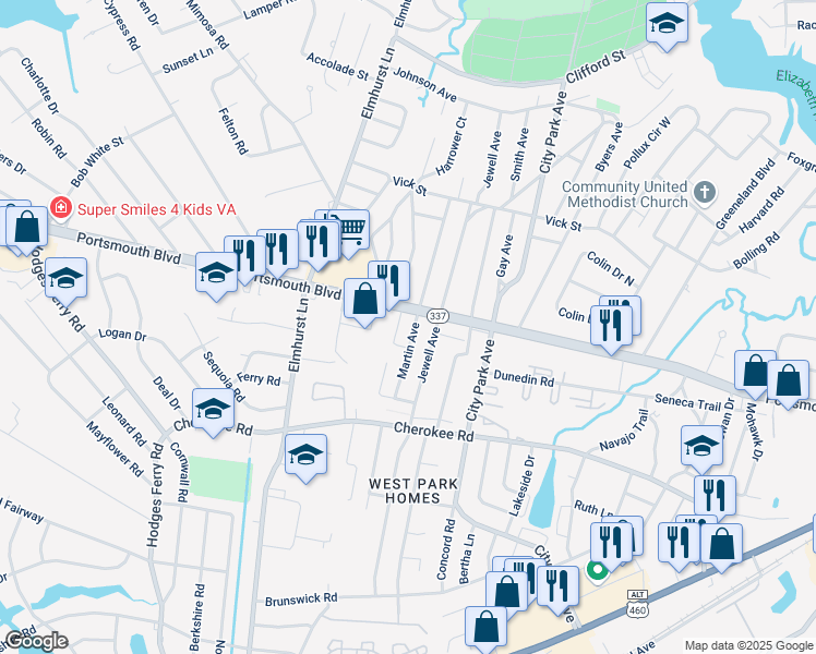 map of restaurants, bars, coffee shops, grocery stores, and more near 1004 Martin Avenue in Portsmouth