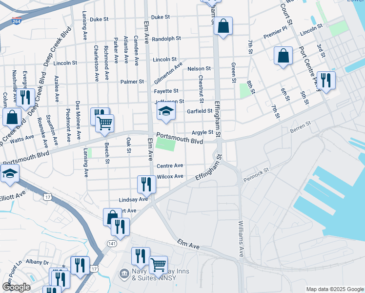 map of restaurants, bars, coffee shops, grocery stores, and more near 2728 Peach Street in Portsmouth