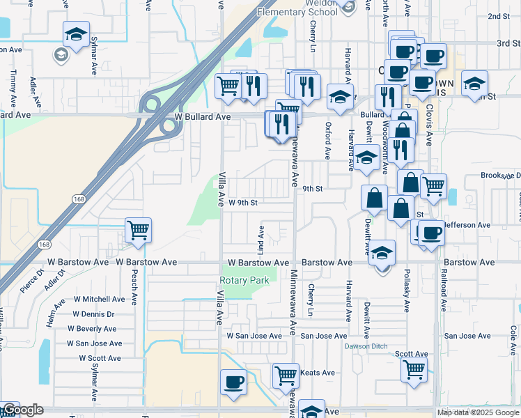 map of restaurants, bars, coffee shops, grocery stores, and more near 91 West 9th Street in Clovis