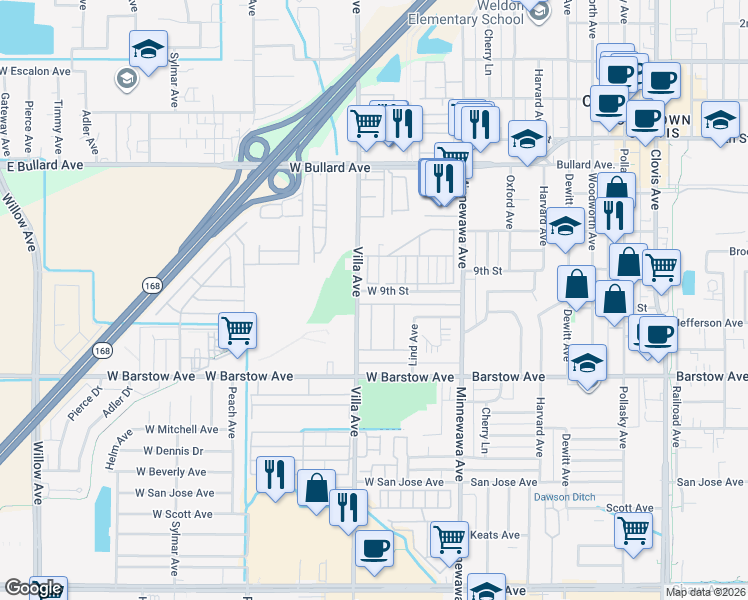 map of restaurants, bars, coffee shops, grocery stores, and more near 111 West 9th Street in Clovis
