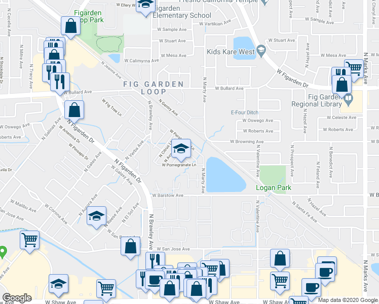 map of restaurants, bars, coffee shops, grocery stores, and more near 3668 West Persimmon Lane in Fresno