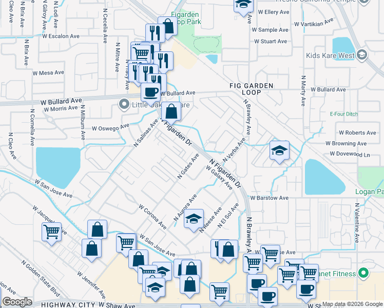 map of restaurants, bars, coffee shops, grocery stores, and more near 4362 West Artemisa Drive in Fresno