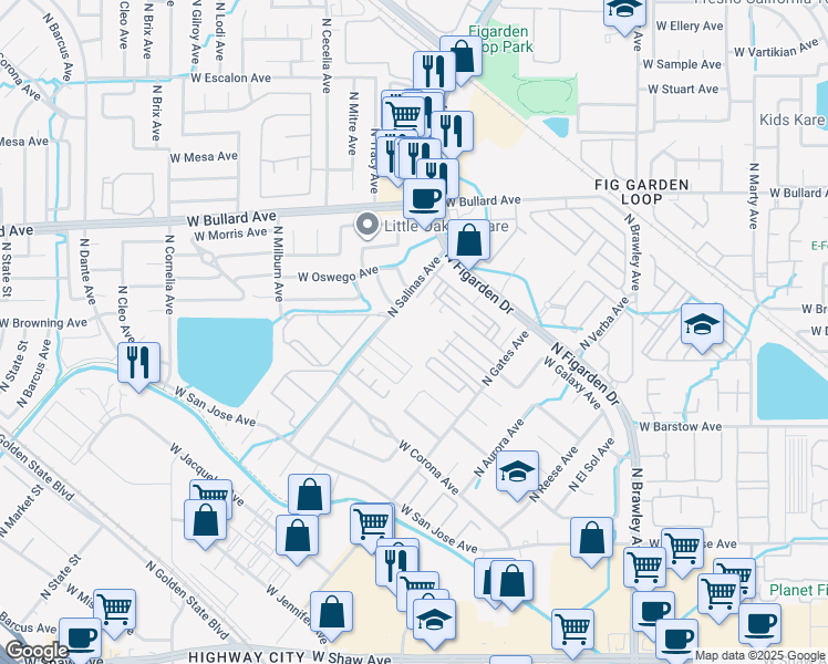 map of restaurants, bars, coffee shops, grocery stores, and more near 4445 West Pinsapo Drive in Fresno