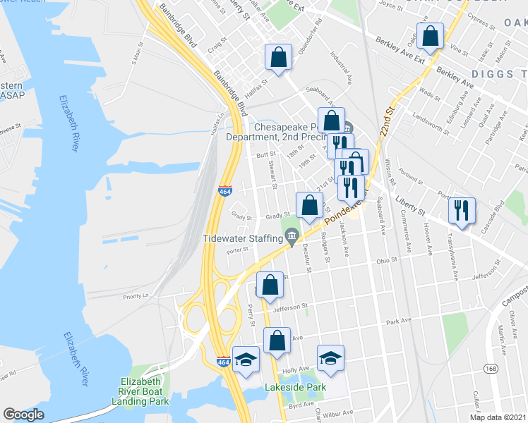 map of restaurants, bars, coffee shops, grocery stores, and more near 916 Stewart Street in Chesapeake