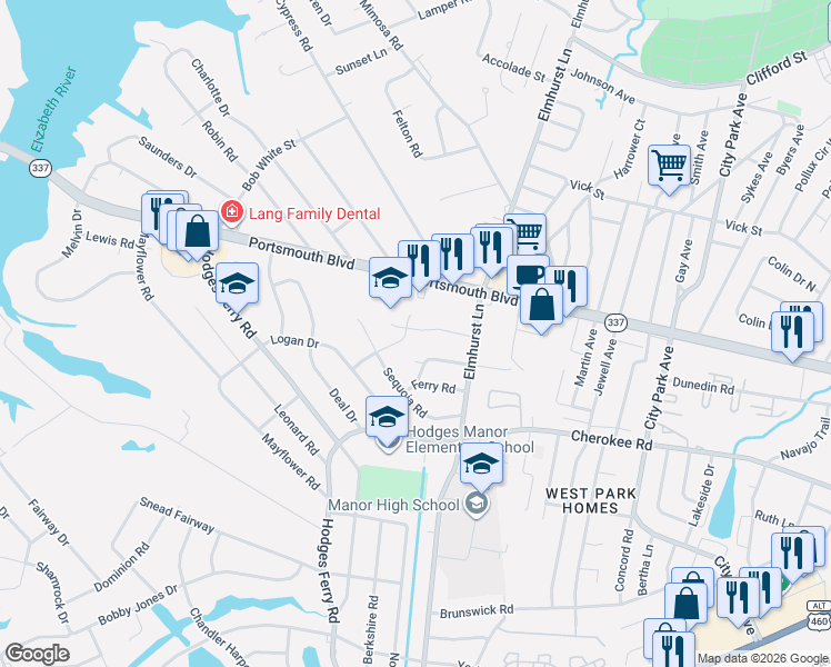 map of restaurants, bars, coffee shops, grocery stores, and more near 610 Hopi Court in Portsmouth