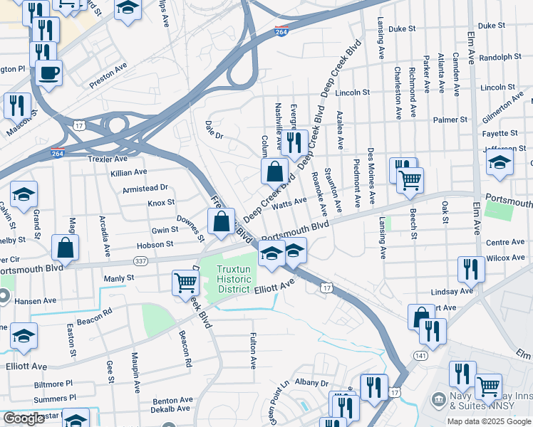 map of restaurants, bars, coffee shops, grocery stores, and more near 2701 Chicago Avenue in Portsmouth