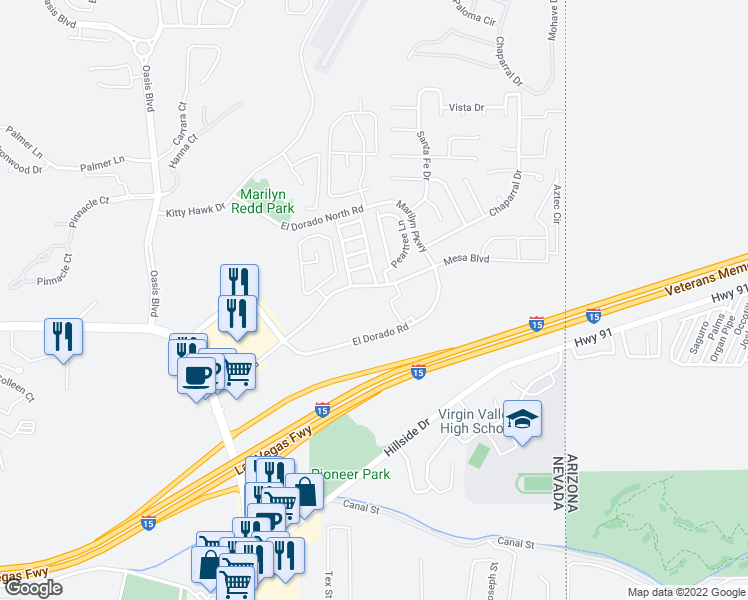 map of restaurants, bars, coffee shops, grocery stores, and more near 550 Mesa Boulevard in Mesquite