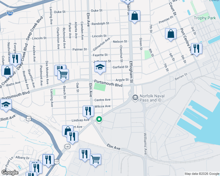 map of restaurants, bars, coffee shops, grocery stores, and more near 2608 Peach Street in Portsmouth