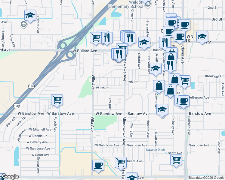 map of restaurants, bars, coffee shops, grocery stores, and more near 80 West 9th Street in Clovis