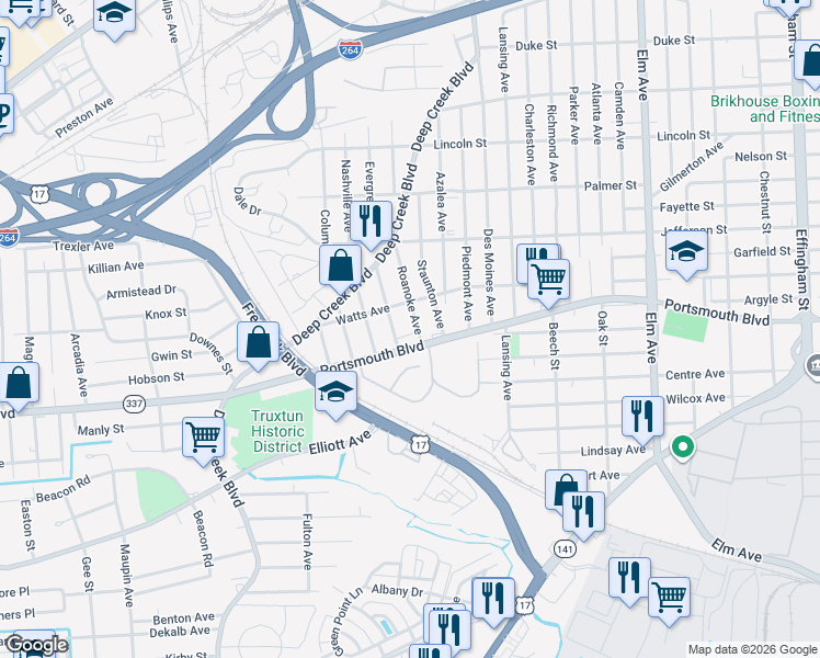 map of restaurants, bars, coffee shops, grocery stores, and more near 2709 Roanoke Avenue in Portsmouth