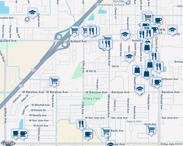 map of restaurants, bars, coffee shops, grocery stores, and more near 150 West 9th Street in Clovis