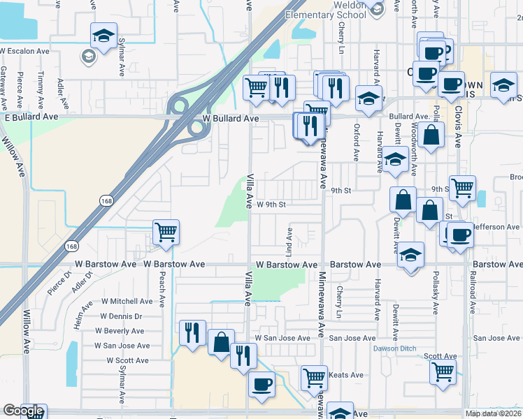 map of restaurants, bars, coffee shops, grocery stores, and more near 111 West 9th Street in Clovis
