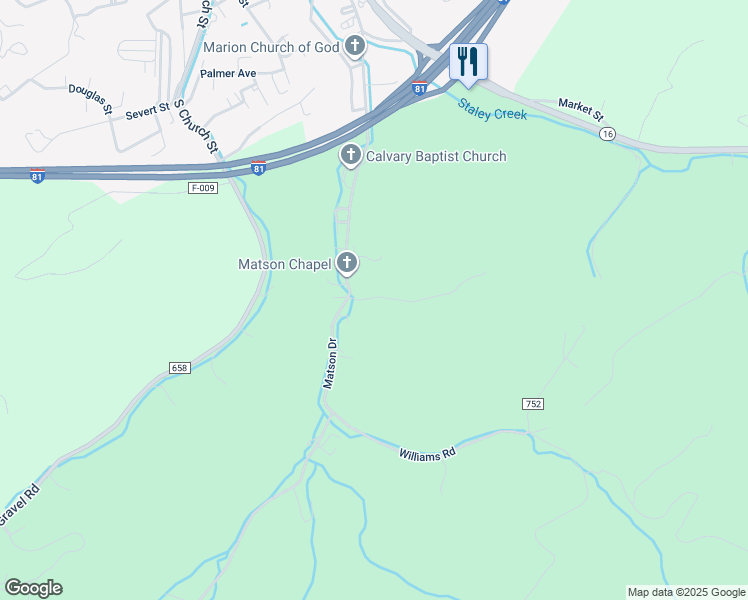 map of restaurants, bars, coffee shops, grocery stores, and more near 124 Debord Road in Marion