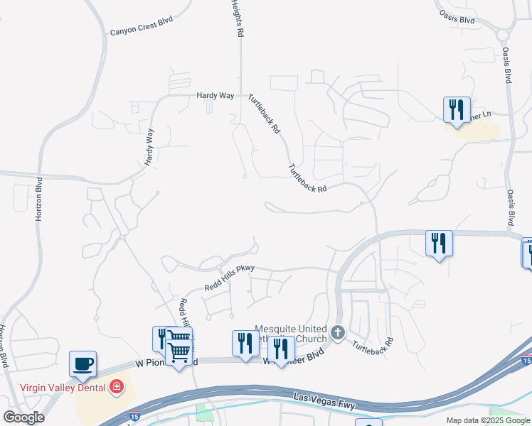 map of restaurants, bars, coffee shops, grocery stores, and more near 576 Via Ventana Drive in Mesquite