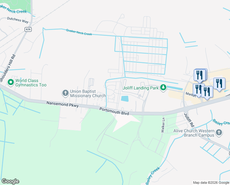 map of restaurants, bars, coffee shops, grocery stores, and more near Lombard Street in Chesapeake