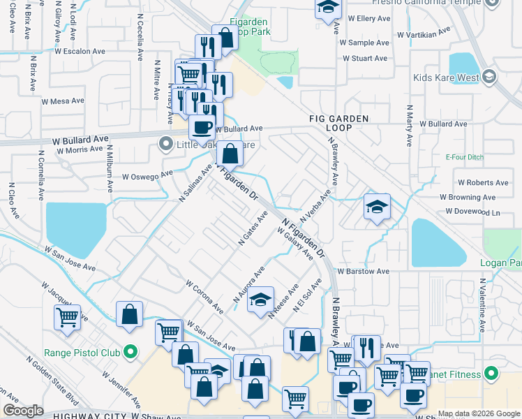 map of restaurants, bars, coffee shops, grocery stores, and more near 5543 North Gates Avenue in Fresno
