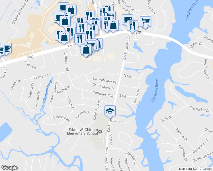 map of restaurants, bars, coffee shops, grocery stores, and more near 4016 Santa Maria Drive in Chesapeake