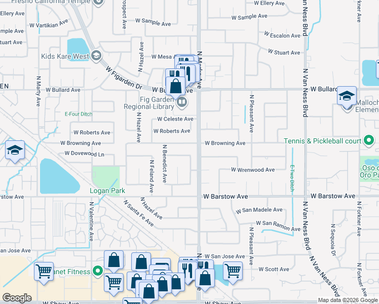 map of restaurants, bars, coffee shops, grocery stores, and more near 3049 West Browning Avenue in Fresno