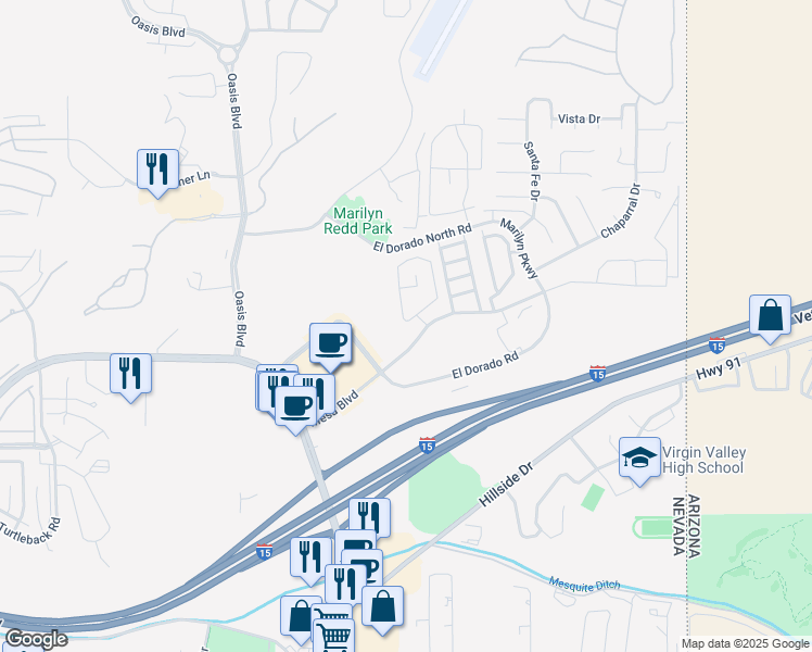 map of restaurants, bars, coffee shops, grocery stores, and more near 417 Mesa Boulevard in Mesquite