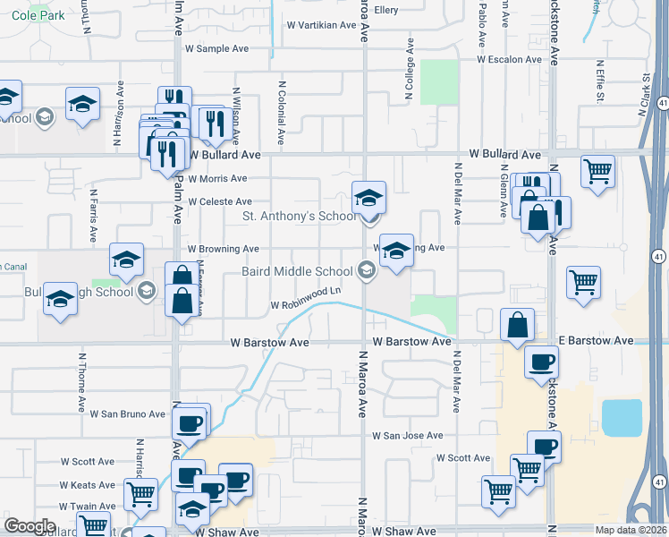 map of restaurants, bars, coffee shops, grocery stores, and more near 5588 North Nantucket Avenue in Fresno