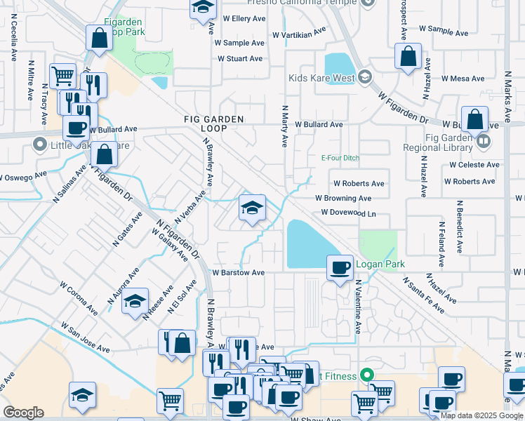 map of restaurants, bars, coffee shops, grocery stores, and more near 3668 West Persimmon Lane in Fresno