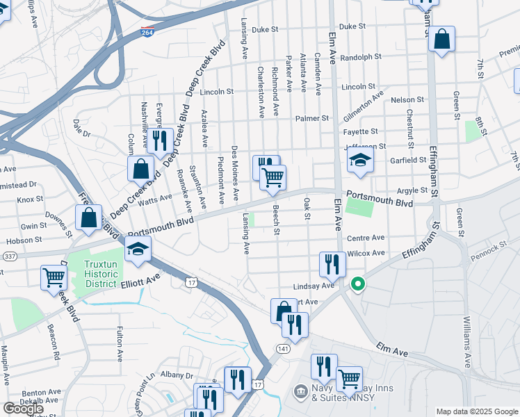 map of restaurants, bars, coffee shops, grocery stores, and more near 1514 Portsmouth Boulevard in Portsmouth