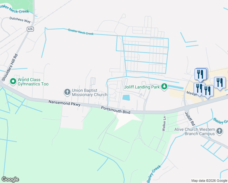 map of restaurants, bars, coffee shops, grocery stores, and more near 5128 Lombard Street in Chesapeake