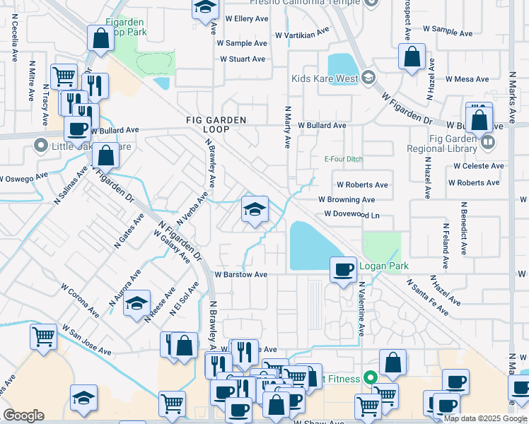 map of restaurants, bars, coffee shops, grocery stores, and more near 3668 West Persimmon Lane in Fresno