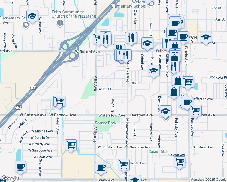 map of restaurants, bars, coffee shops, grocery stores, and more near 90 West 9th Street in Clovis