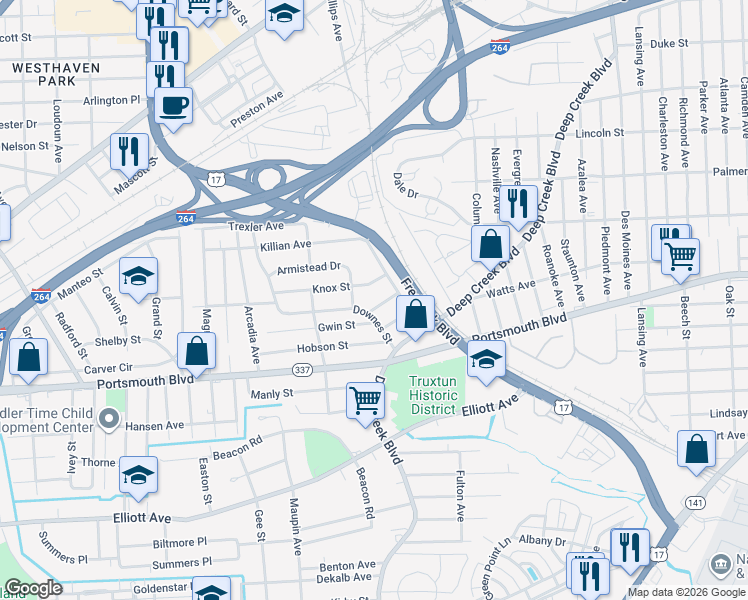 map of restaurants, bars, coffee shops, grocery stores, and more near 3103 Knox Street in Portsmouth