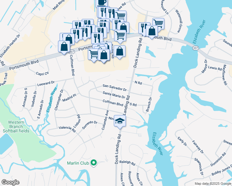 map of restaurants, bars, coffee shops, grocery stores, and more near 4016 Santa Maria Drive in Chesapeake