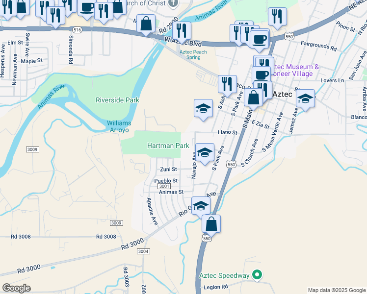 map of restaurants, bars, coffee shops, grocery stores, and more near 101 Ute Avenue in Aztec