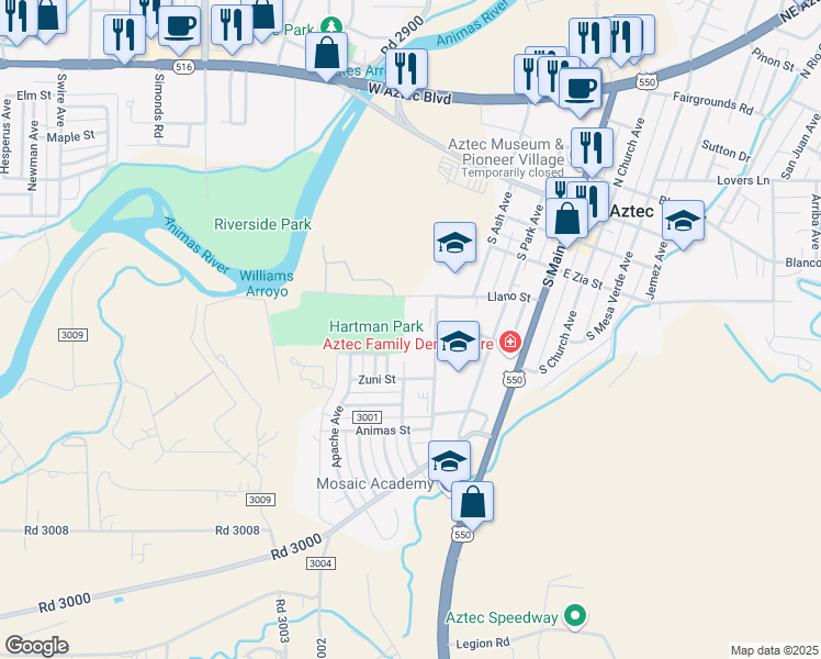 map of restaurants, bars, coffee shops, grocery stores, and more near 101 Ute Avenue in Aztec