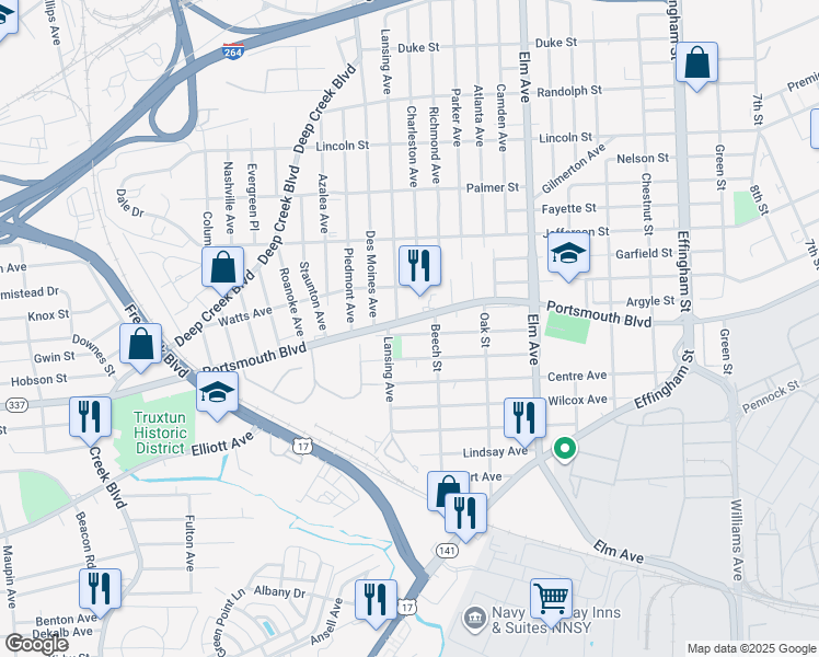 map of restaurants, bars, coffee shops, grocery stores, and more near 1514 Portsmouth Boulevard in Portsmouth