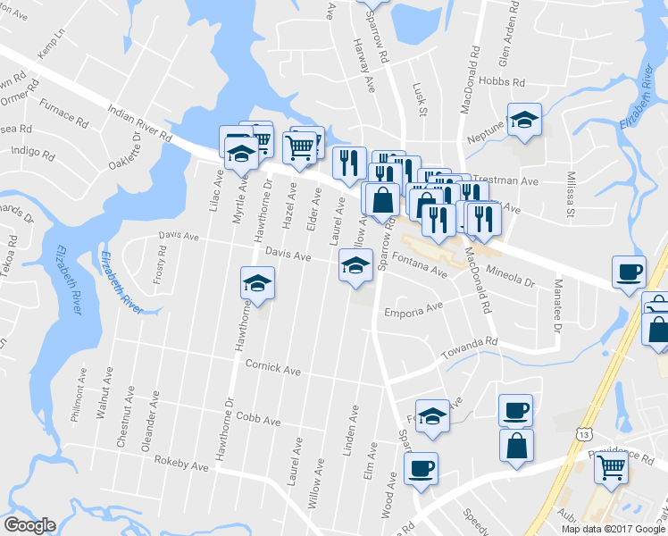 map of restaurants, bars, coffee shops, grocery stores, and more near 1200 Laurel Avenue in Chesapeake