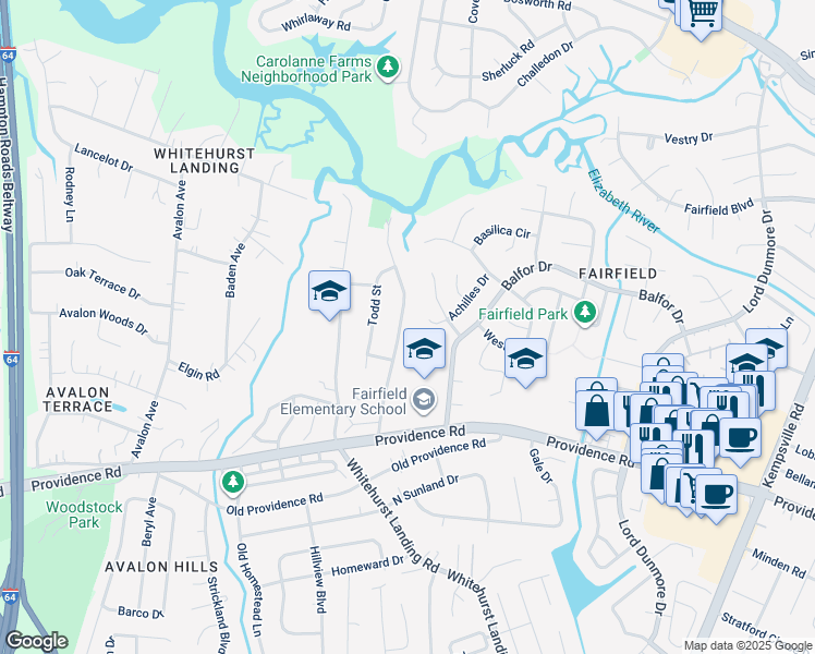 map of restaurants, bars, coffee shops, grocery stores, and more near 5441 Hargrove Boulevard in Virginia Beach