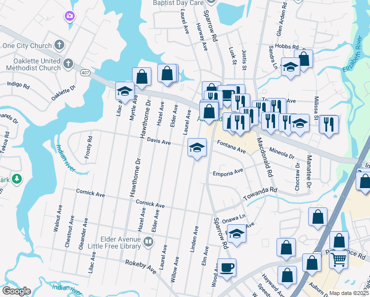 map of restaurants, bars, coffee shops, grocery stores, and more near 1200 Laurel Avenue in Chesapeake