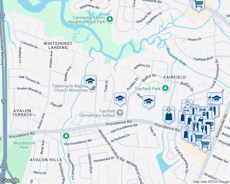 map of restaurants, bars, coffee shops, grocery stores, and more near 5441 Hargrove Boulevard in Virginia Beach