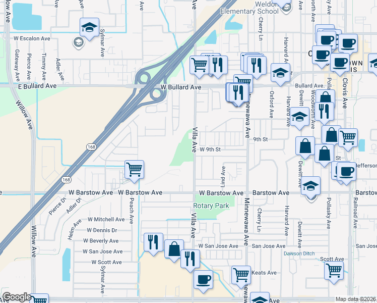 map of restaurants, bars, coffee shops, grocery stores, and more near 908 Villa Avenue in Clovis