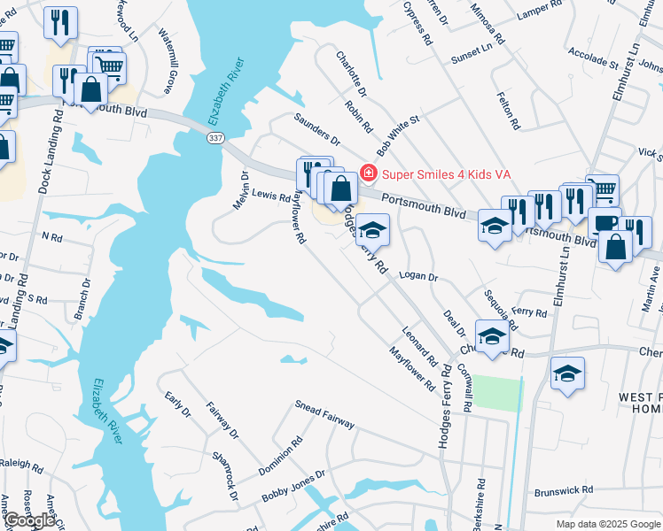 map of restaurants, bars, coffee shops, grocery stores, and more near 215 Mayflower Road in Portsmouth