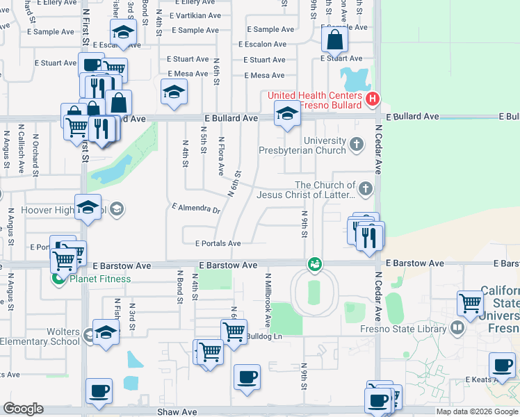 map of restaurants, bars, coffee shops, grocery stores, and more near 1496 East Almendra Drive in Fresno