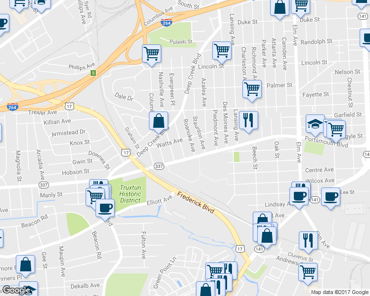 map of restaurants, bars, coffee shops, grocery stores, and more near 2801 Evergreen Place in Portsmouth