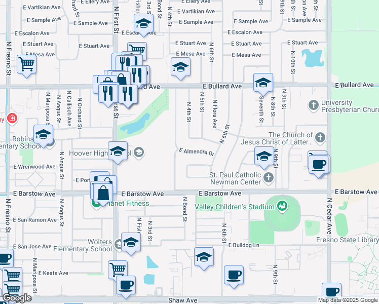 map of restaurants, bars, coffee shops, grocery stores, and more near 1284 East Almendra Drive in Fresno
